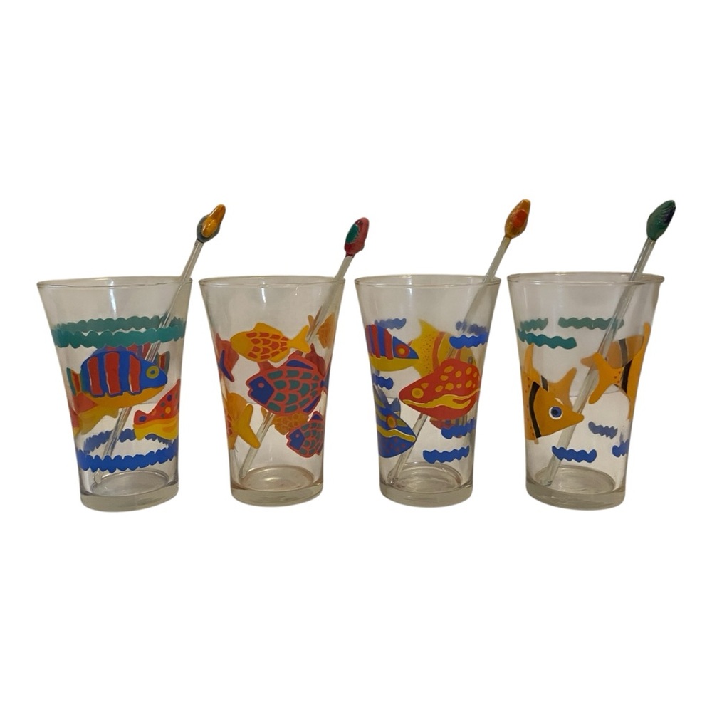 4 Vtg LIBBEY Fish Glasses Flared Rim Tumblers with Swizzle Sticks Tropical Decor - Picture 4 of 11